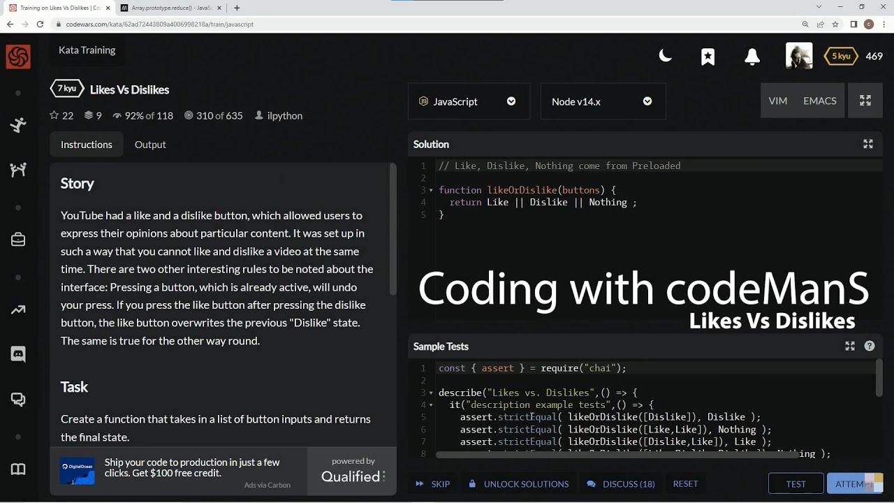 Codewars 7 kyu Likes Vs Dislikes JavaScript
