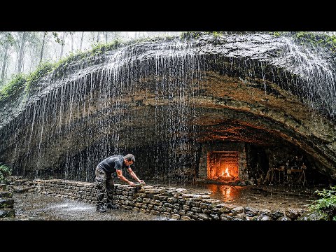 I Built a Secret Shelter Alone Under a Giant Rock in Heavy Rain | FULL BUILD