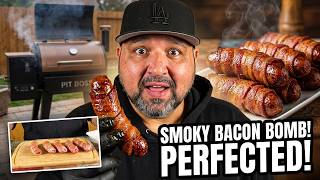 Smoked bratwurst wrapped in bacon on pit boss pellet grills