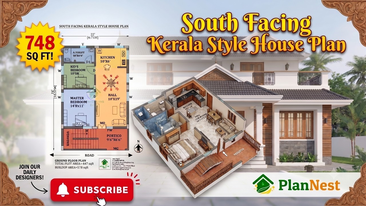 South Facing Kerala Style House Plan | 2BHK Vastu Design
