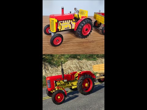 , title : 'Metal Tractor Model with a Trailer VS Tractor from Game - The tractors are great | Wind up Tractor🚜'