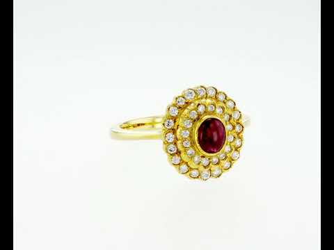 Cabachon Ruby Double Diamond Halo Ring