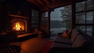 Sitting by the Cabin Fire with Rain Falls | Cozy Night Ambience for Calm