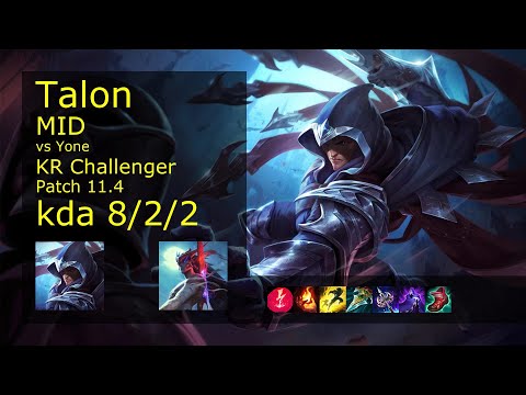 Talon Mid vs Yone - KR Challenger 8/2/2 Patch 11.4 Gameplay // [롤] 탈론 vs 요네 미드