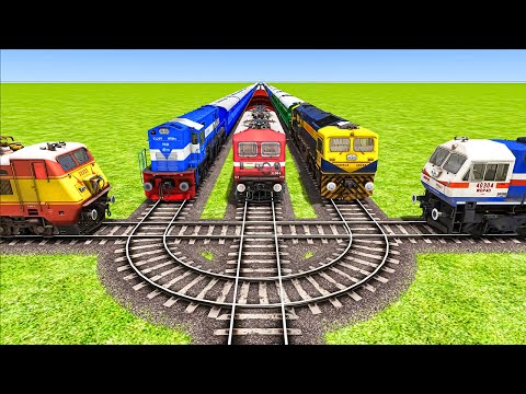 Impossible Five Curved U Shape Overlapping Rail Tracks Vs Trains Crossing - BeamNG.Drive