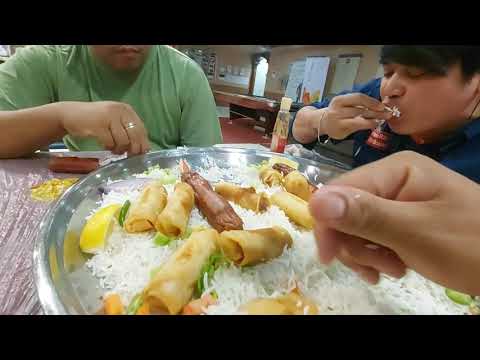 mukbang chicken lumpia and sausage with unlimited rice
