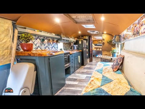 Adorable DIY School Bus Tiny House - Shower, Toilet & Double Work Desks
