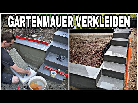 Gartenmauer mit Feinsteinzeug - Fliesen verkleiden | Tropfkante einbauen - so geht's