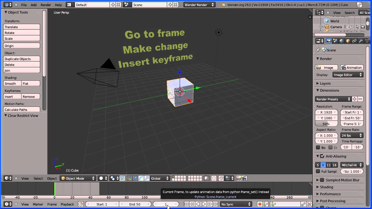 Blender Basic Animation - Inserting Keyframes, Getting the Cube to Move (New Version)