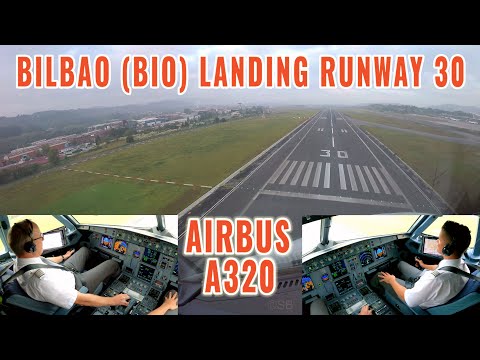 Bilbao (BIO), Spain | Airbus A320 landing runway 30 | Cockpit + pilots view | 4k | 3 cameras + audio
