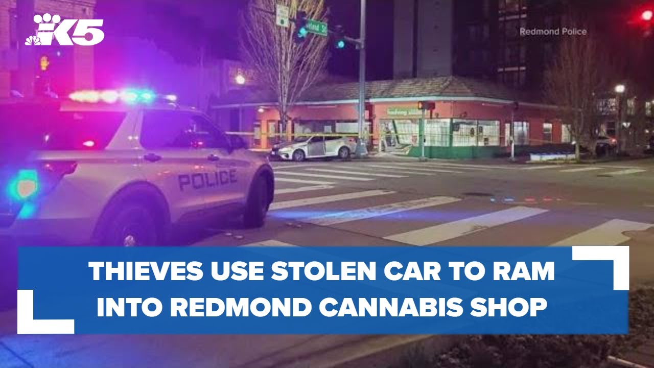 Surveillance footage of the February 2025 burglary attempt at Hashtag Cannabis, showing a vehicle ramming the storefront