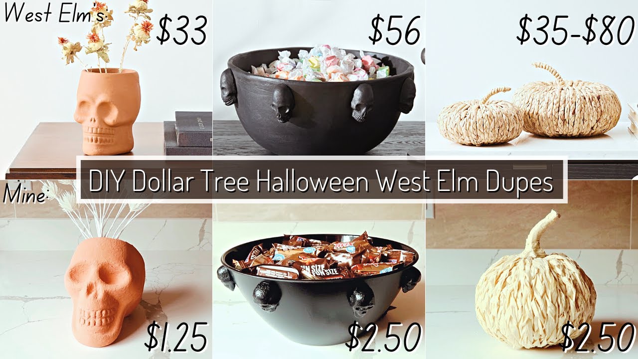 DIY Dollar Tree Halloween Decor | West Elm Inspired Dupes (terracotta skull vase, woven pumpkin…)