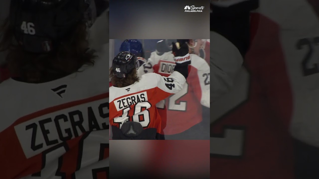 Flyers celebrate Trevor Zegras's goal from the penalty box in Game 3