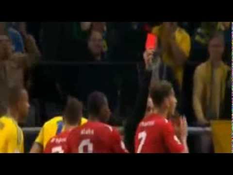 Disgusting! Johan Elmander (Sweden) fakes being headbutt to get Austria's Marko Arnautovic sent off