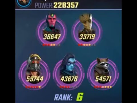 Marvel Strike Force Arena:   Starlord, Rocket, Groot, Minn-Erva, Vision