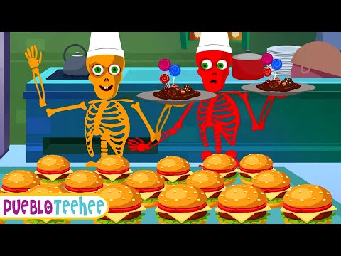 Canciones de Halloween - Esqueletos espeluznantes comiendo hamburguesas 🍔💀| Pueblo Teehee