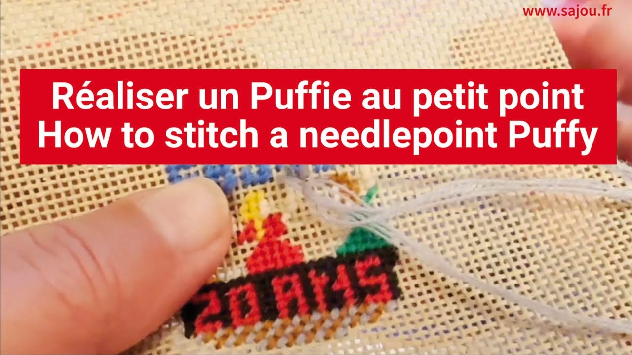 Watch the video on YouTube – Stitching a Sajou round puffie in needlepoint