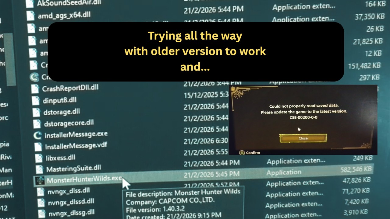 MHWilds Crash Fix - After DepotDownload, Trying all the way with older version 1.040.03.02 to work