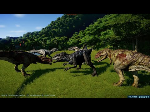 2 Tyrannosaurus Rex vs 2 Spinosaurus vs 2 Indominus Rex vs 2 Giganotosaurus (1080p 60FPS)
