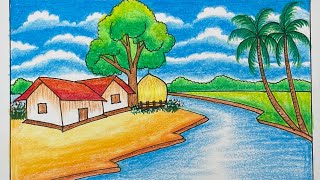 Easy village nature drawing for kids | Step by step colorful scenery tutorial