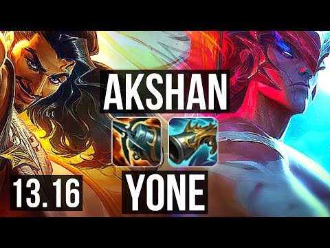 AKSHAN vs YONE (TOP) | Rank 3 Akshan, 6 solo kills, 7/1/2, Godlike | EUW Challenger | 13.16
