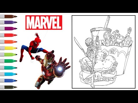 Marvel's Spiderman Deadpool and Iron Man Coloring Book Page | Marvel Heroes Coloring Book Page