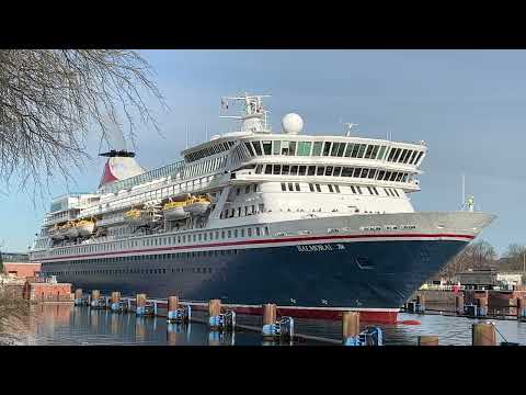 BALMORAL cruise ship arrival in Kiel April 14, 2023: Kiel Canal lock & Kieler Förde