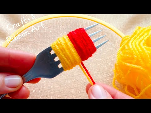 It's so Beautiful 💖🌟 Super Easy Woolen Flower Making Idea with Fork - DIY Hand Embroidery Flowers
