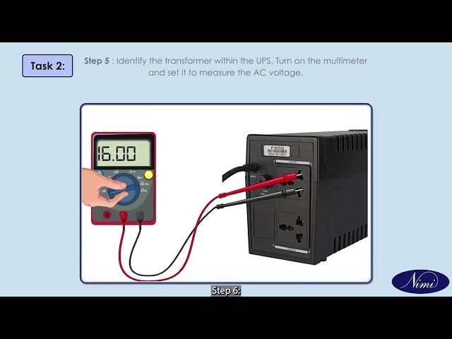 Demonstrate the various test points and verify the voltage on the UPS