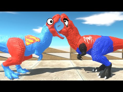 SUPERMAN T-REX vs SPIDERMAN T-REX OASIS DEATH RUN - Animal Revolt Battle Simulator
