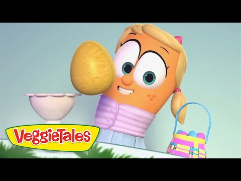 Animated VeggieTales character with blonde hair and big eyes holds a large yellow egg beside a pedestal; VeggieTales logo visible.