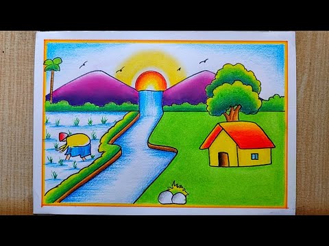 Paddy Field With Farmer Scenery drawing| Landscape Village scenery drawing| House ,Hill, Bird,Trees