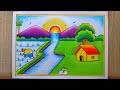 Paddy Field With Farmer Scenery Drawing Landscape Village Scenery Drawing House Hill Bird Trees