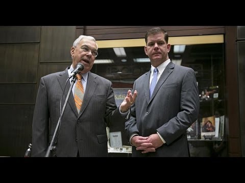 Mayor Thomas Menino welcomes Marty Walsh at City Hall