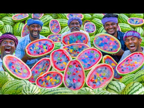 WATERMELON JELLY | Fresh Colorful Fruit Jelly Recipe Making in Village | Agar Agar Jelly Cooking