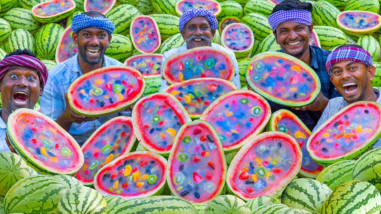 WATERMELON JELLY | Fresh Colorful Fruit Jelly Recipe Making in Village | Agar Agar Jelly Cooking