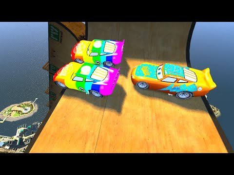 GTA 4🌈 Rainbow Lightning McQueen Vs Orange lightning McQueen Huge Ramp Jumping - Color Car