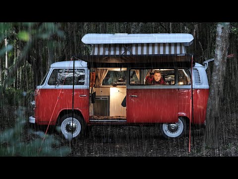 SOLO Camping in Rain [ Iconic 1975 VW Van Life, Cosy Relax and Sleep ASMR ]