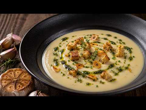 Velvety Roasted Garlic Soup with Crispy Garlic Chips and Herb Oil