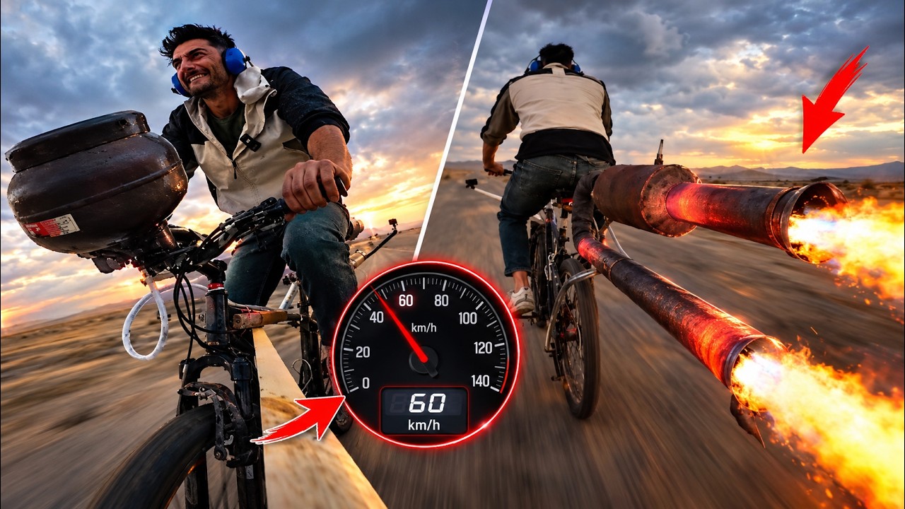 تست سرعت موتور جت روی دوچرخه 😈Jet engine speed test on a bicycle