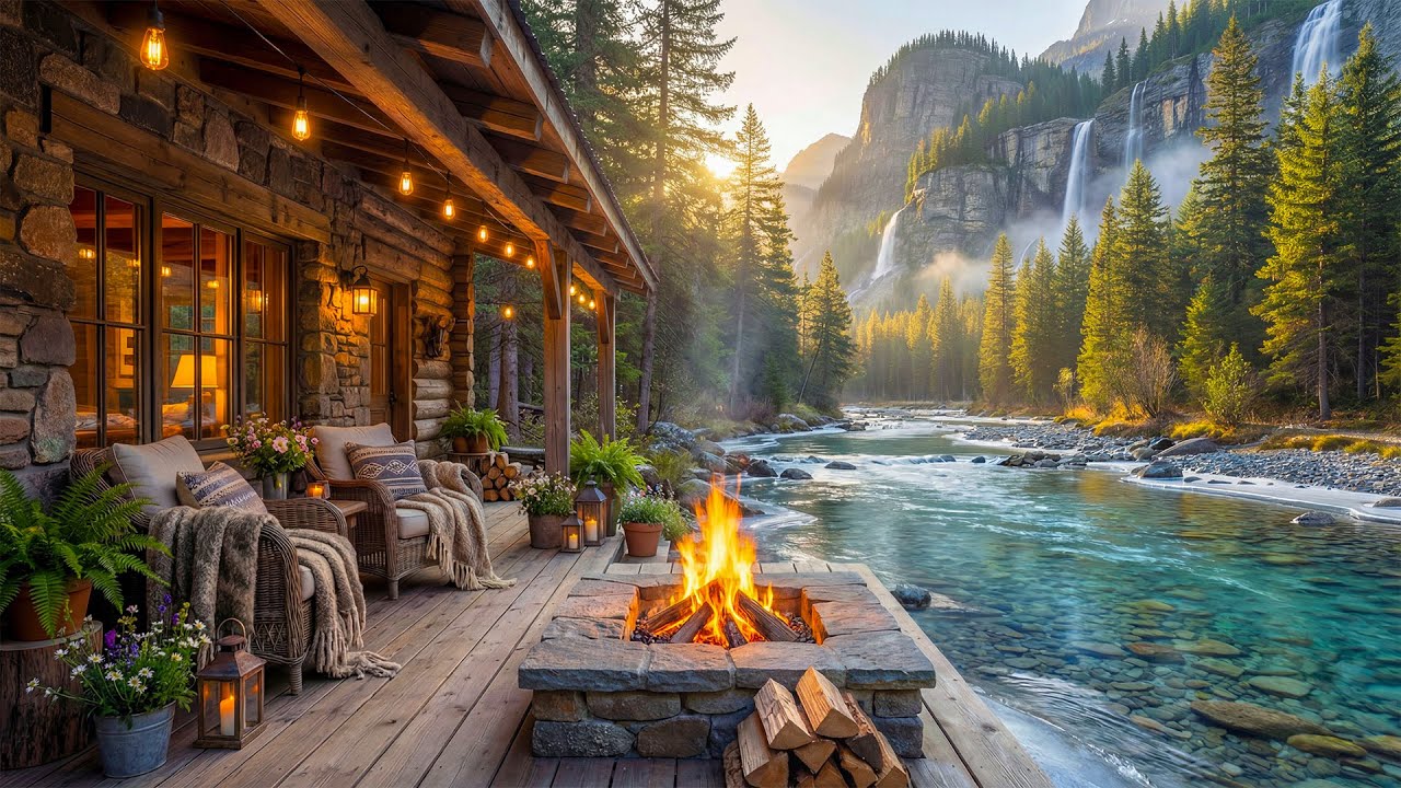 Peaceful Morning Riverside Cabin Porch Ambience 🌲🔥 Cozy Fire Pit, Calm Water Sounds & Birdsong