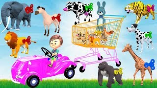 Toys For kids Wild Animals Toys In Supermarket Shopping Cart - wheels On The Bus Rhymes For Babies