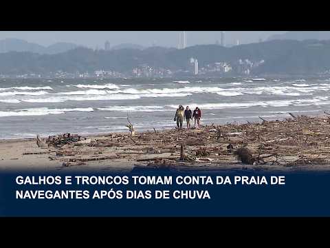 Galhos e troncos tomam conta da praia de Navegantes após chuvas