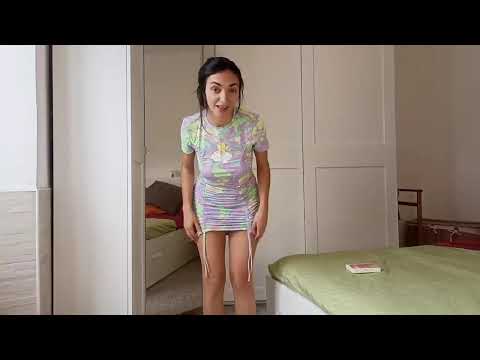 Lube tries on the Obsession garter belt stockings in transparent color