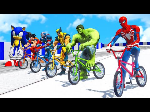 SPIDERMAN & Hulk w ALL SUPERHEROES Racing Cycling Event Day Competition Challenge