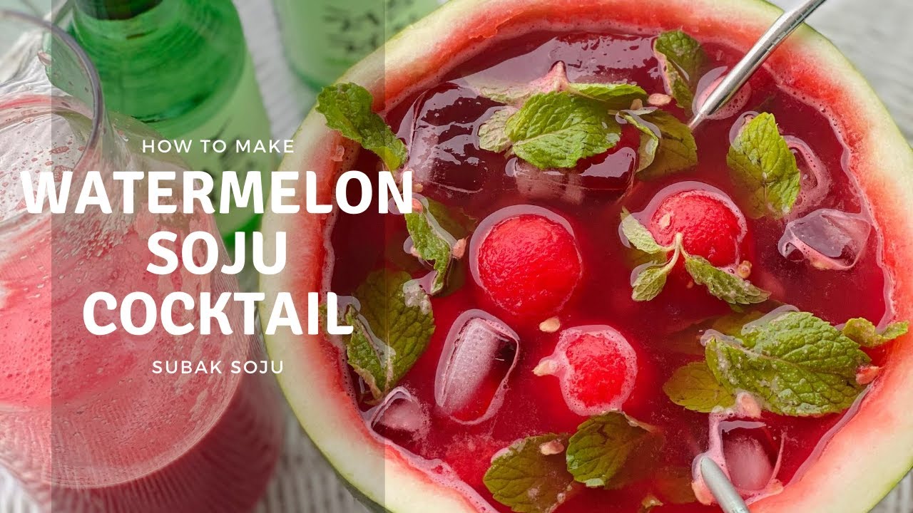 A whole watermelon hollowed out and filled with pink watermelon soju cocktail served with long straws for sharing as a Korean summer drink