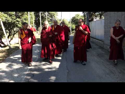 Lama Zopa Rinpoche taking a walk with Sangha in Taiwan March 2013