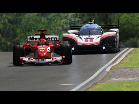 F1 Ferrari F2004 Michael Schumacher vs Porsche 919 Hybrid Evo Timo Bernhard at Norschleife