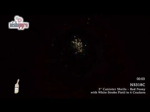 NS318C - 3" Red Peony with White Strobe Pistil to 6 Crackers (Canister/Cylinder)