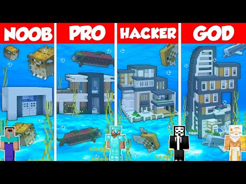 Noob Builder - Minecraft - UNDERWATER SECRET HOUSE BUILD CHALLENGE - Minecraft Battle: NOOB vs PRO vs HACKER vs GOD / Animation